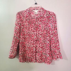 Fred David stretch red, black and white blouse. Size Large.